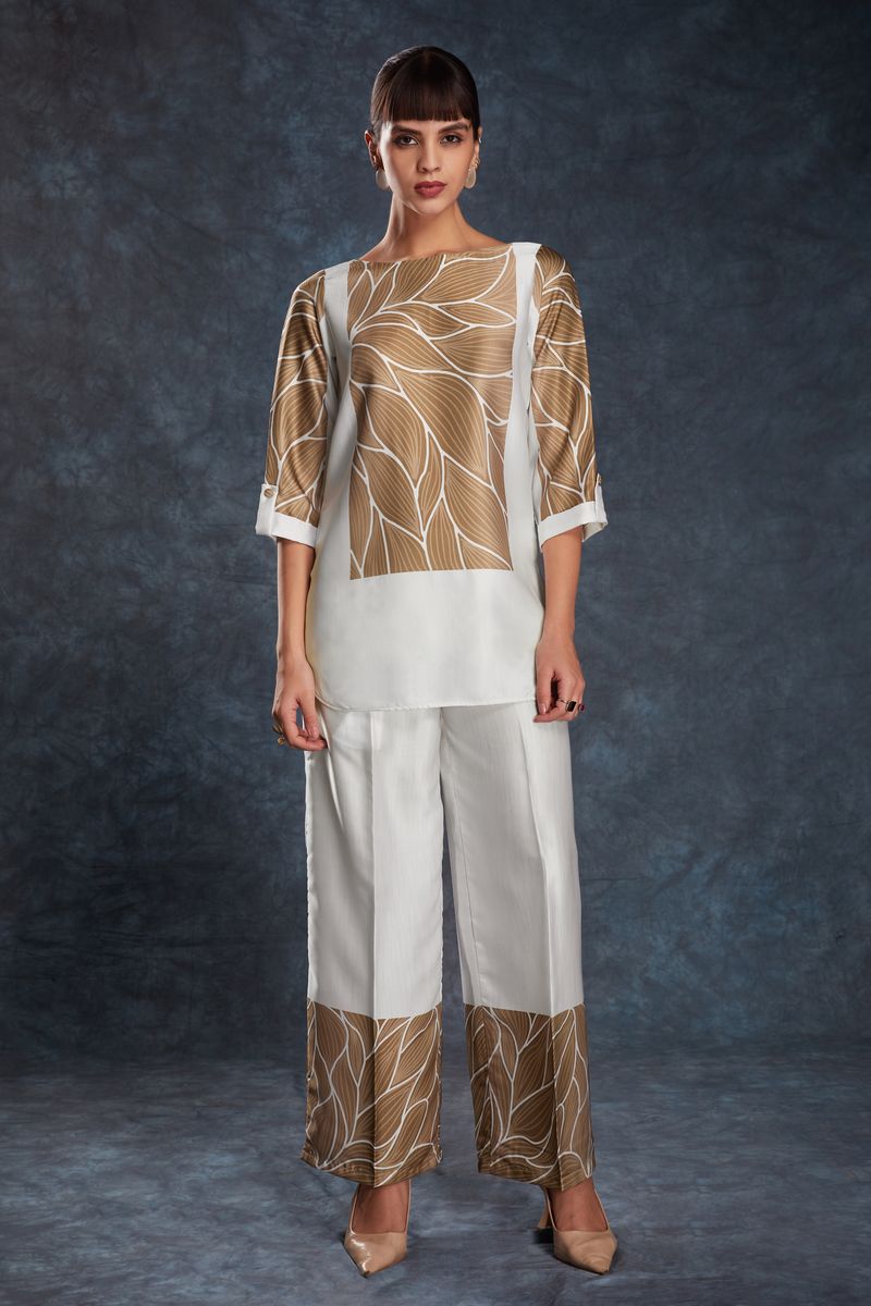 WHITE LINEN SATIN PRINTED TOP,PANT CO-ORD SET - qivii