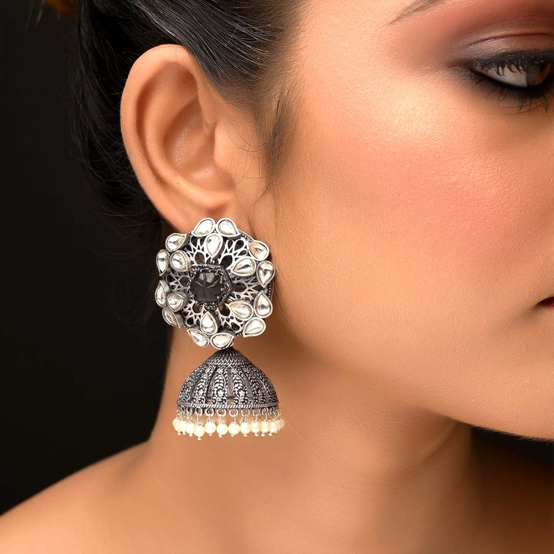 Meenal Charcoal Stone Silver Plated Boutique Jhumki - qivii