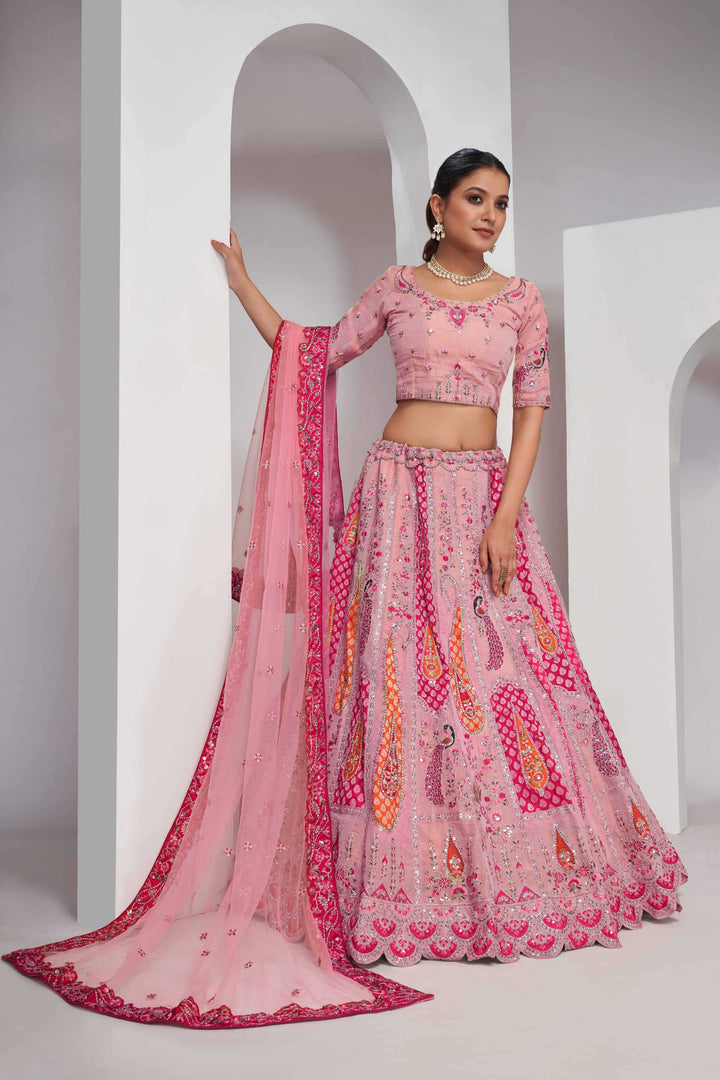Elegant Rose Pink Silk Lehenga Choli with Peacock & Paisley Motifs - qivii