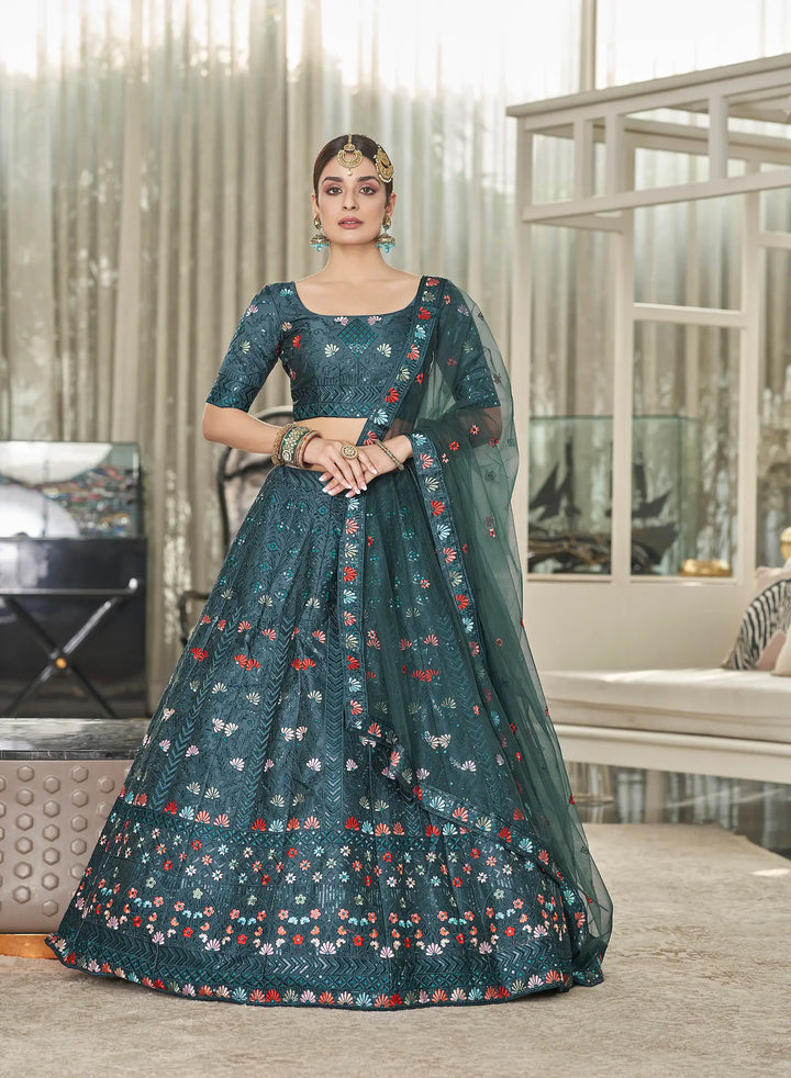 Teal Green Silk Thread with Sequence Embroidery Work Lehenga Choli | Ready To Wear - qivii