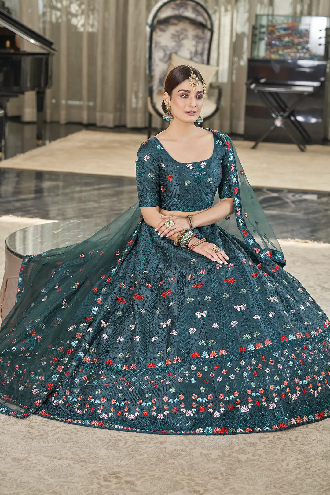 Teal Green Silk Thread with Sequence Embroidery Work Lehenga Choli | Ready To Wear - qivii