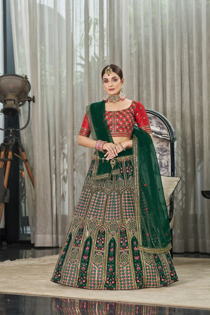Green Silk Thread with Sequence Embroidery Work Lehenga Choli | Ready To Wear - qivii