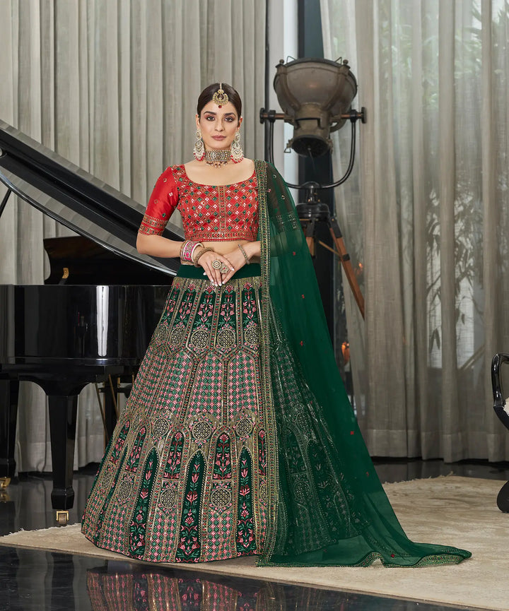 Green Silk Thread with Sequence Embroidery Work Lehenga Choli | Ready To Wear - qivii