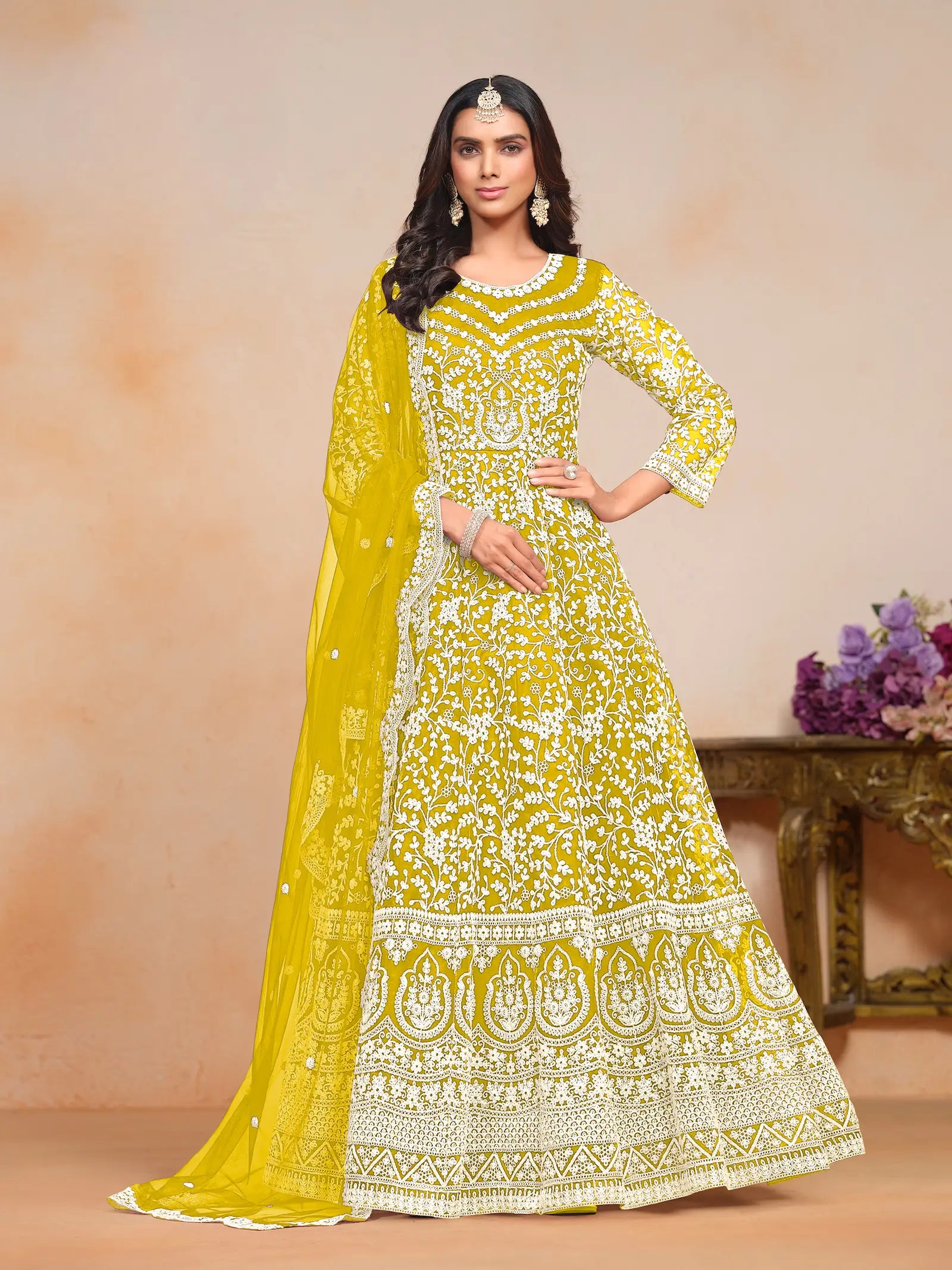 Yellow Net Gown With Sequence & Thread Embroidery Work