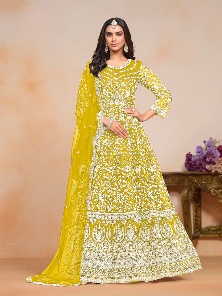 Yellow Net Gown With Sequence & Thread Embroidery Work - qivii