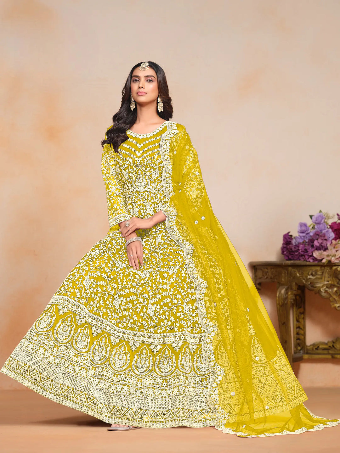 Yellow Net Gown With Sequence & Thread Embroidery Work - qivii