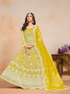 Yellow Net Gown With Sequence & Thread Embroidery Work