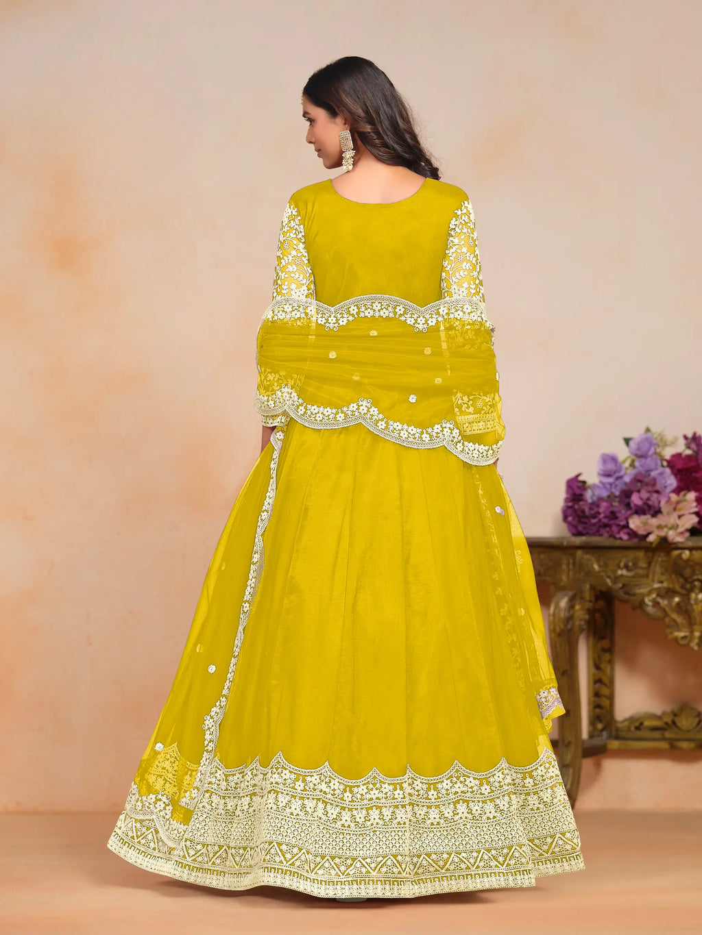Yellow Net Gown With Sequence & Thread Embroidery Work