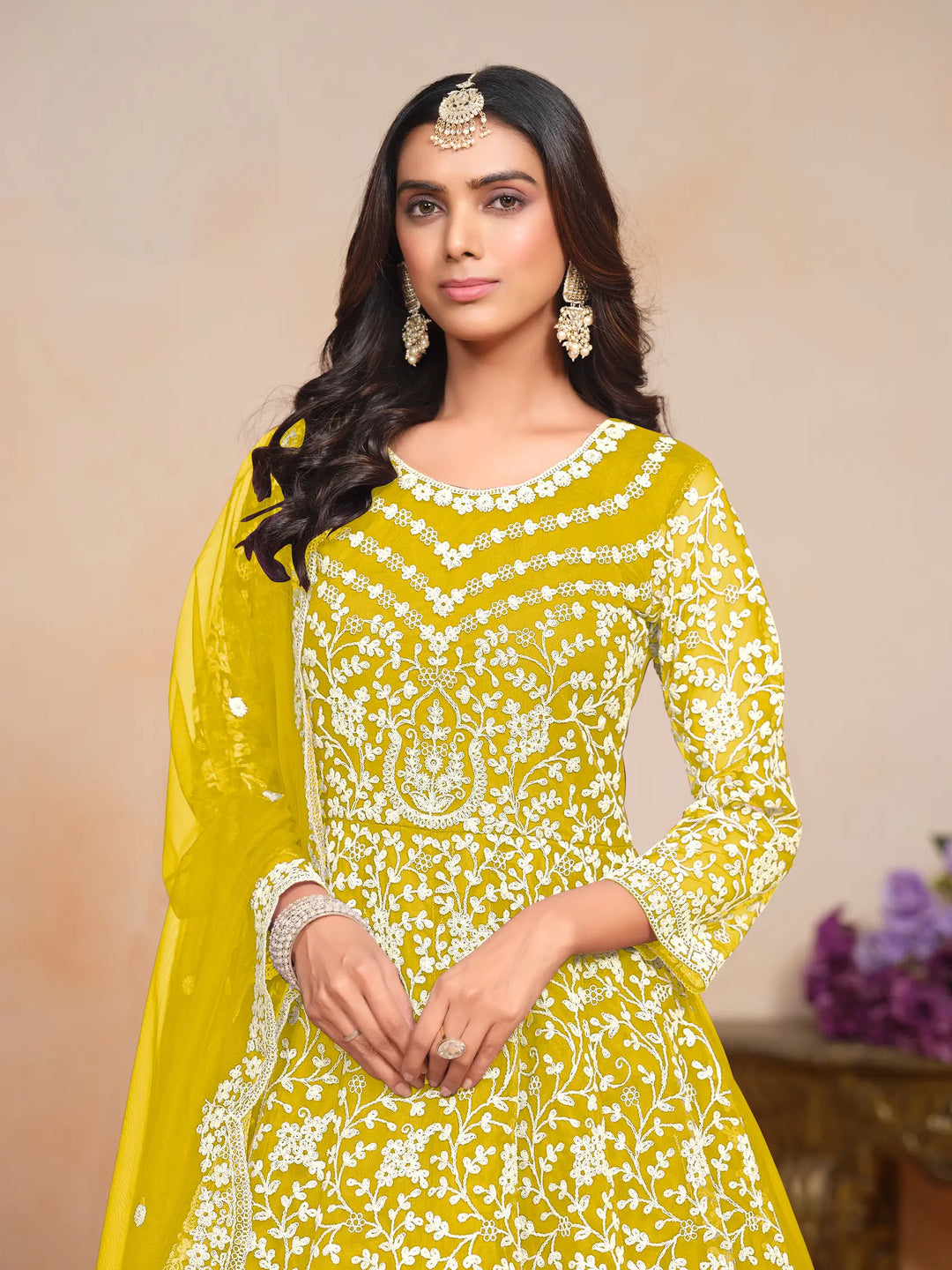Yellow Net Gown With Sequence & Thread Embroidery Work - qivii