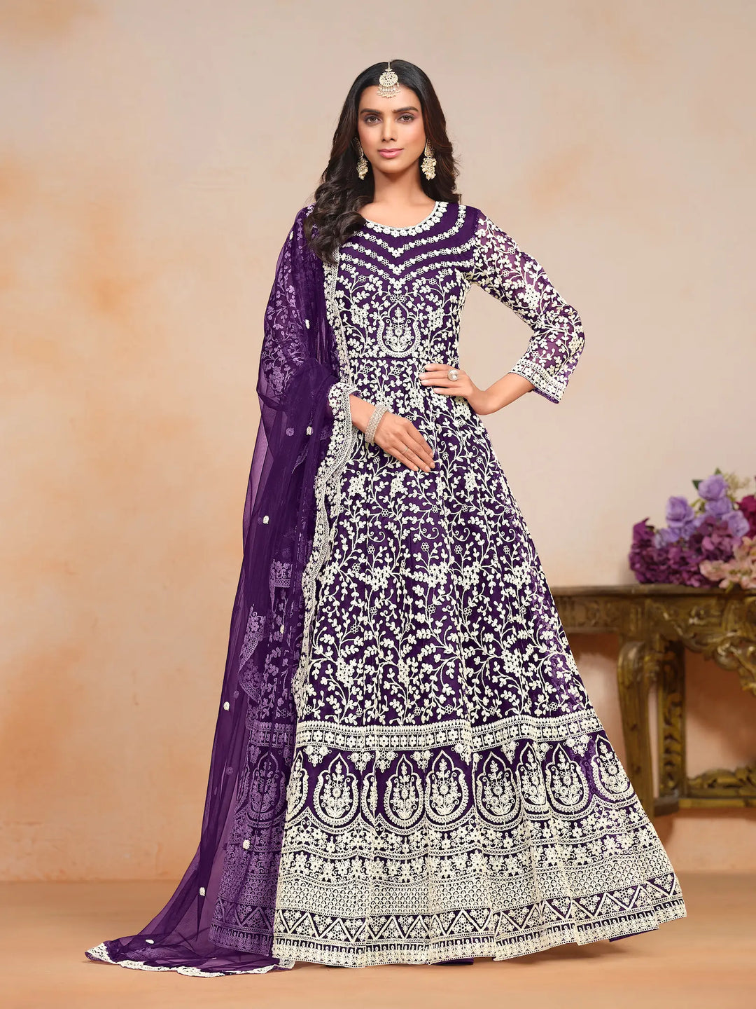 Purple Net Gown With Sequence & Thread Embroidery Work - qivii