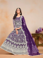 Purple Net Gown With Sequence & Thread Embroidery Work
