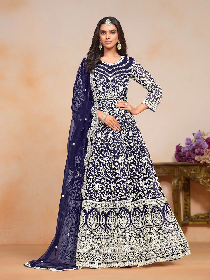 Navy Blue Net Gown With Sequence & Thread Embroidery Work - qivii