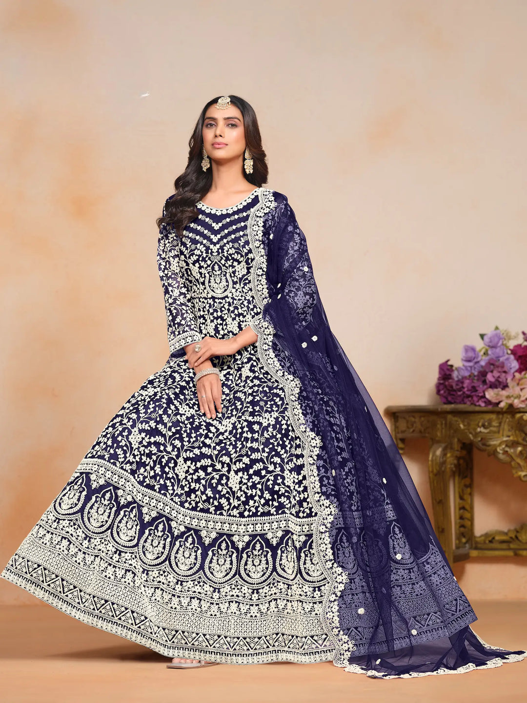 Navy Blue Net Gown With Sequence & Thread Embroidery Work - qivii