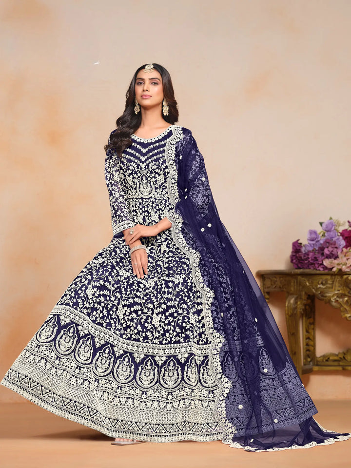 Navy Blue Net Gown With Sequence & Thread Embroidery Work - qivii