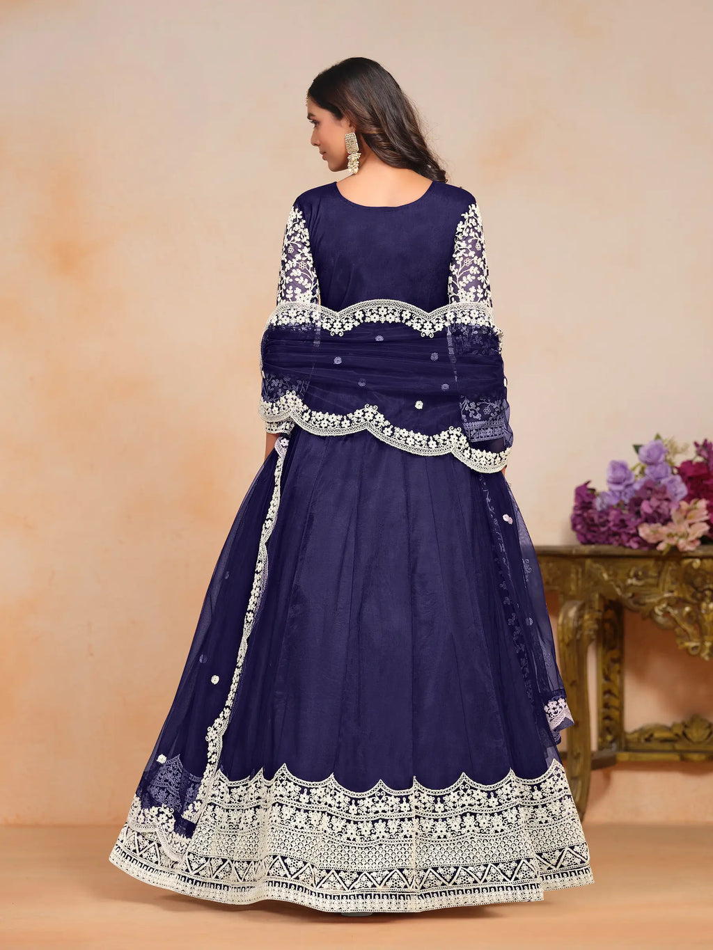 Navy Blue Net Gown With Sequence & Thread Embroidery Work