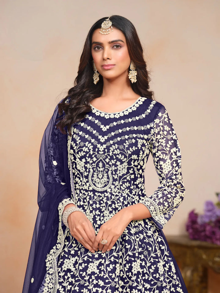 Navy Blue Net Gown With Sequence & Thread Embroidery Work - qivii