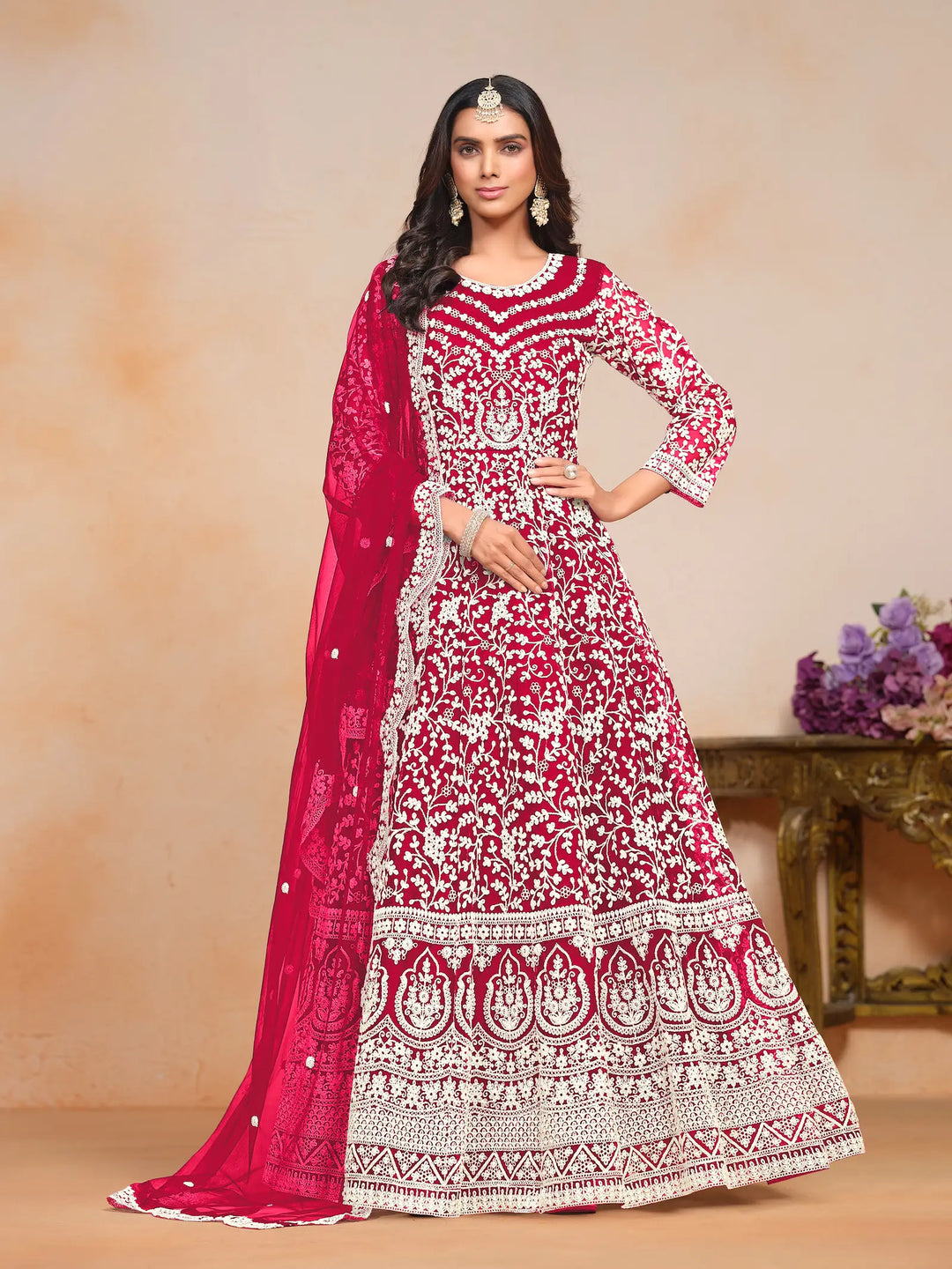 Dark Red Net Gown With Sequence & Thread Embroidery Work - qivii