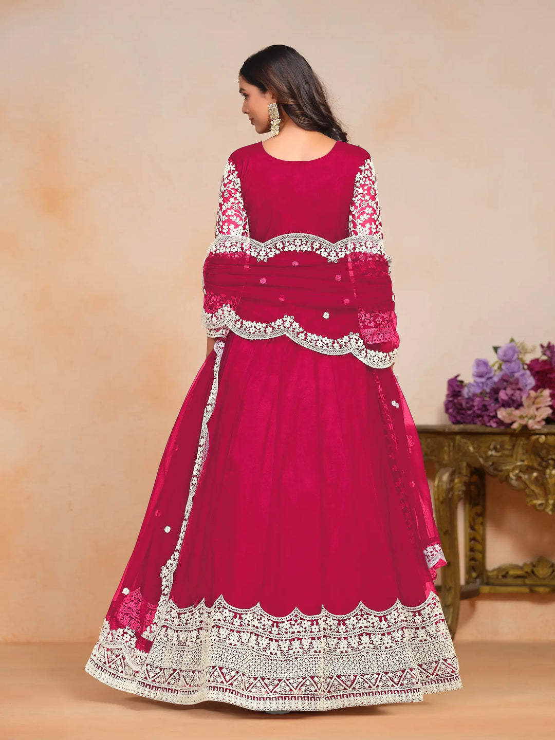 Dark Red Net Gown With Sequence & Thread Embroidery Work - qivii