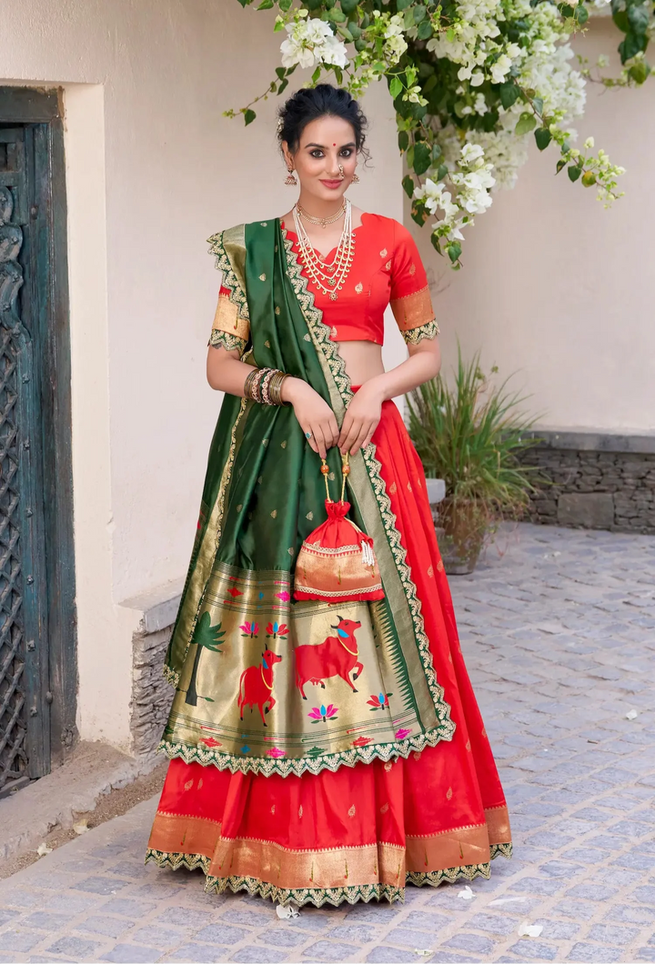 Bright Red Jacquard Silk Paithani Lehenga Choli With Zari Weaving Work & Embroidery Lace Border - qivii