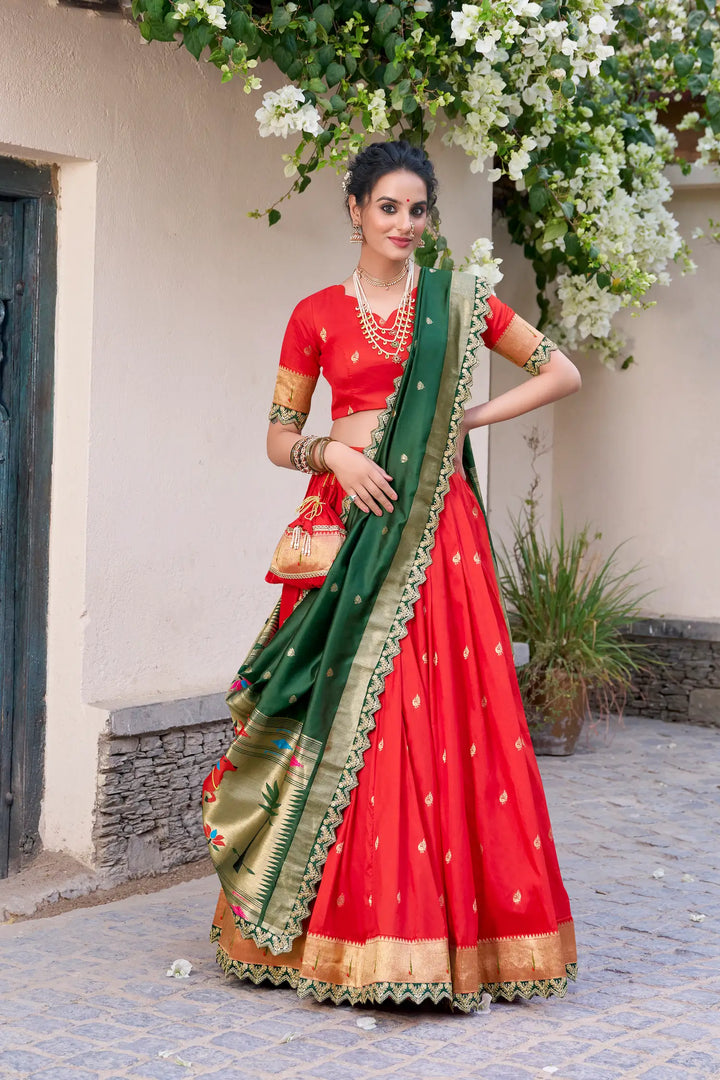Bright Red Jacquard Silk Paithani Lehenga Choli With Zari Weaving Work & Embroidery Lace Border - qivii