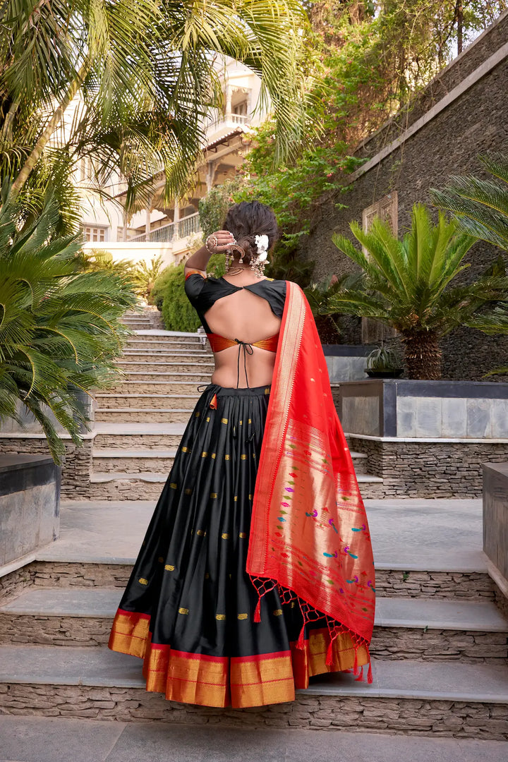 Black Jacquard Silk Paithani Lehenga Choli With Zari Weaving Work - qivii