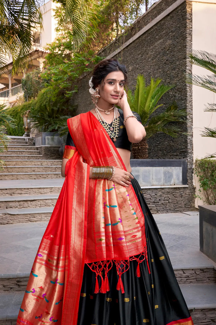 Black Jacquard Silk Paithani Lehenga Choli With Zari Weaving Work - qivii