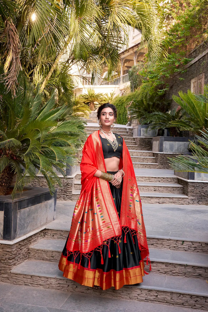 Black Jacquard Silk Paithani Lehenga Choli With Zari Weaving Work - qivii