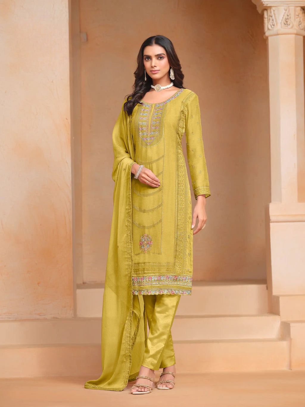 Yellow Organza Chiffon Thread & Sequence Embroidery Work Salwar Suit