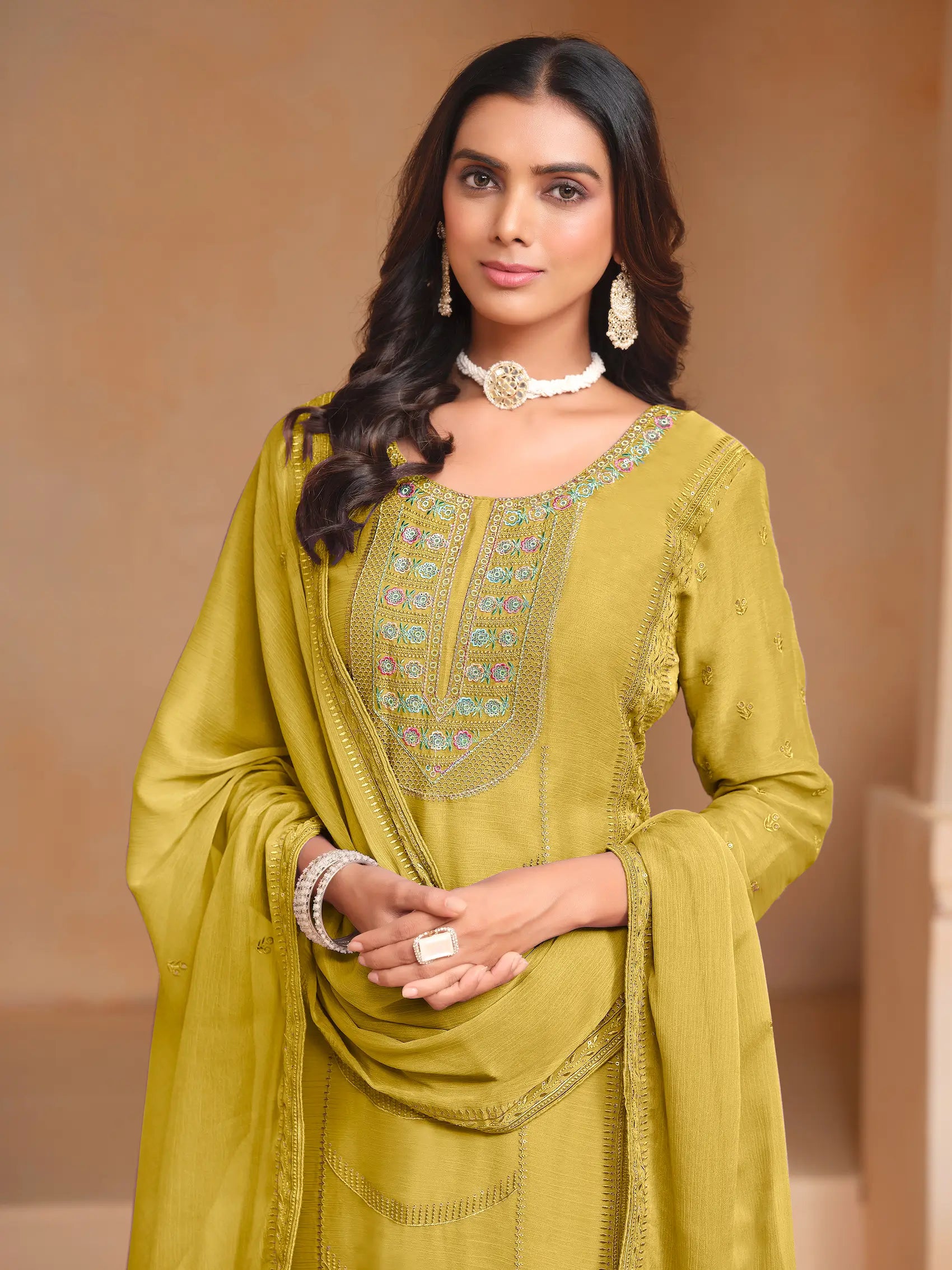 Yellow Organza Chiffon Thread & Sequence Embroidery Work Salwar Suit