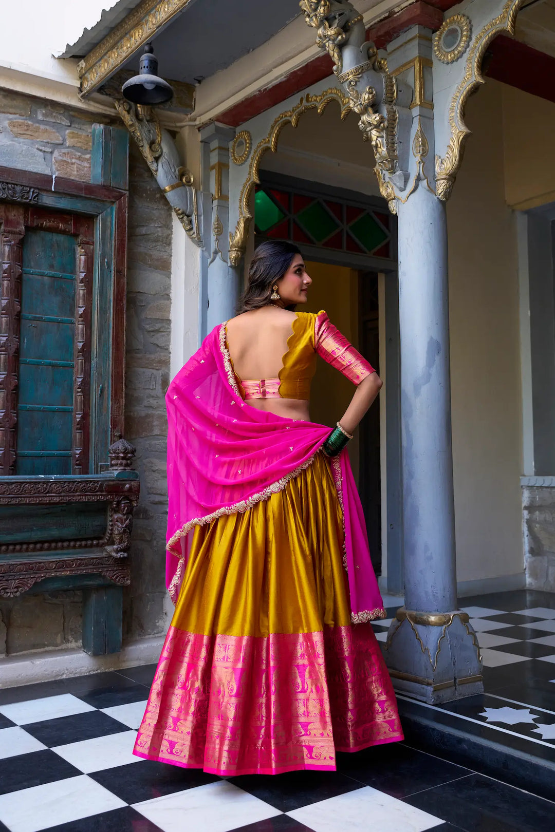 Mustard South Indian Lehenga choli With Zari Weaving Work & Sequins Embroidery - qivii