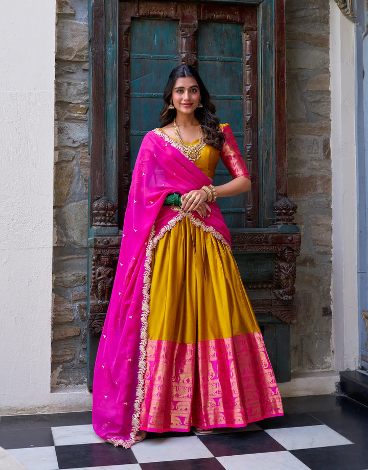 Mustard South Indian Lehenga choli With Zari Weaving Work & Sequins Embroidery - qivii
