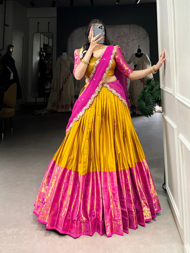 Mustard South Indian Lehenga choli With Zari Weaving Work & Sequins Embroidery - qivii