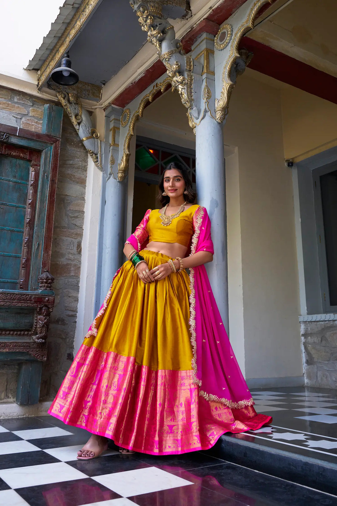 Mustard South Indian Lehenga choli With Zari Weaving Work & Sequins Embroidery - qivii