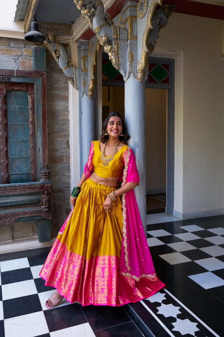 Mustard South Indian Lehenga choli With Zari Weaving Work & Sequins Embroidery - qivii