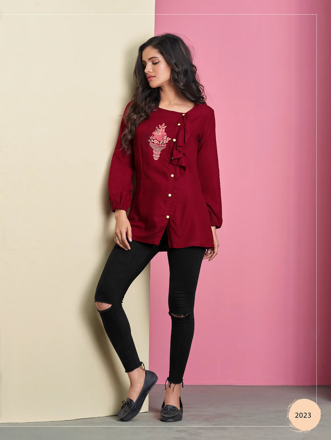 Maroon Rayon Short Kurti - qivii