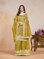 Yellow Gold Crush Thread & Sequence Embroidery Work Palazzo Suit