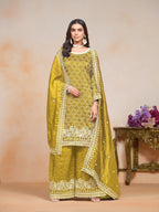 Yellow Gold Crush Thread & Sequence Embroidery Work Palazzo Suit