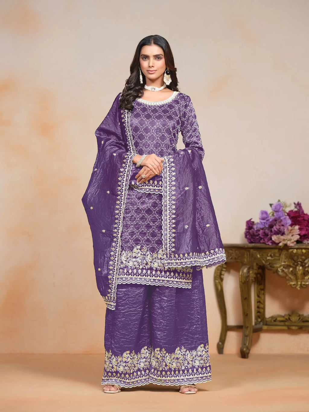 Purple Gold Crush Thread & Sequence Embroidery Work Palazzo Suit