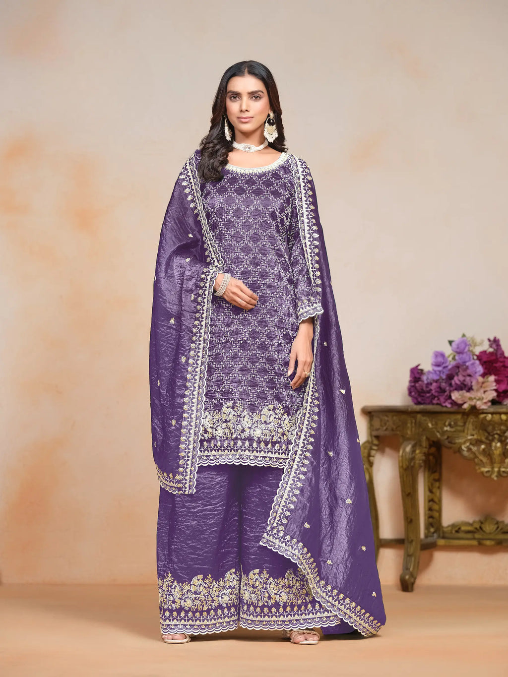 Purple Gold Crush Thread & Sequence Embroidery Work Palazzo Suit