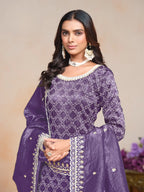 Purple Gold Crush Thread & Sequence Embroidery Work Palazzo Suit