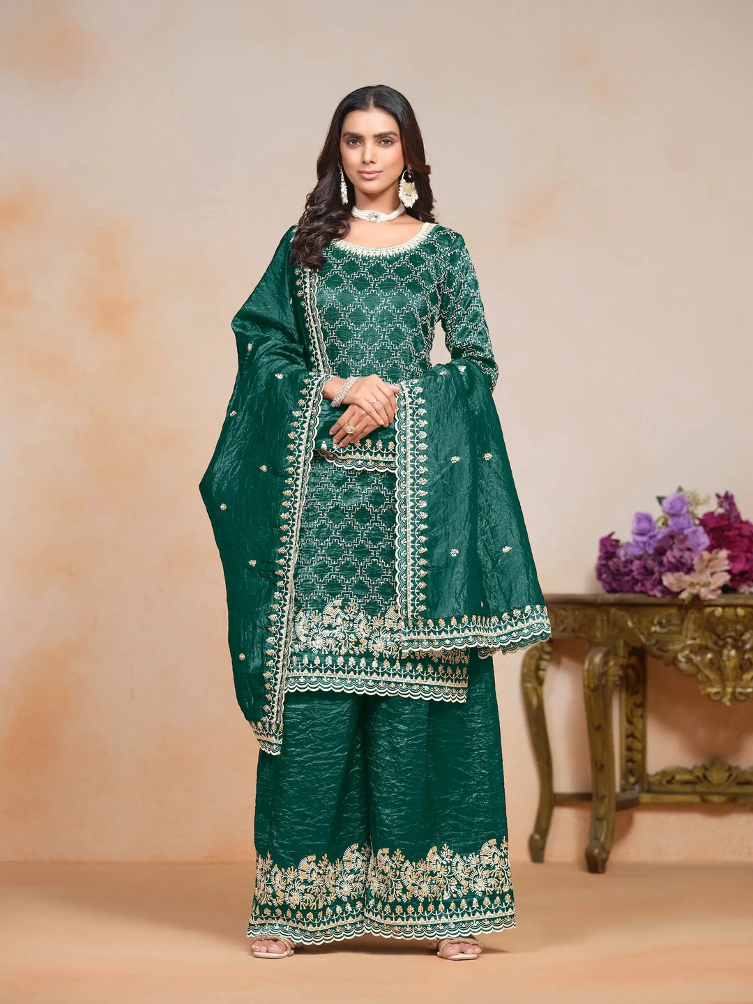 Green Gold Crush Thread & Sequence Embroidery Work Palazzo Suit - qivii