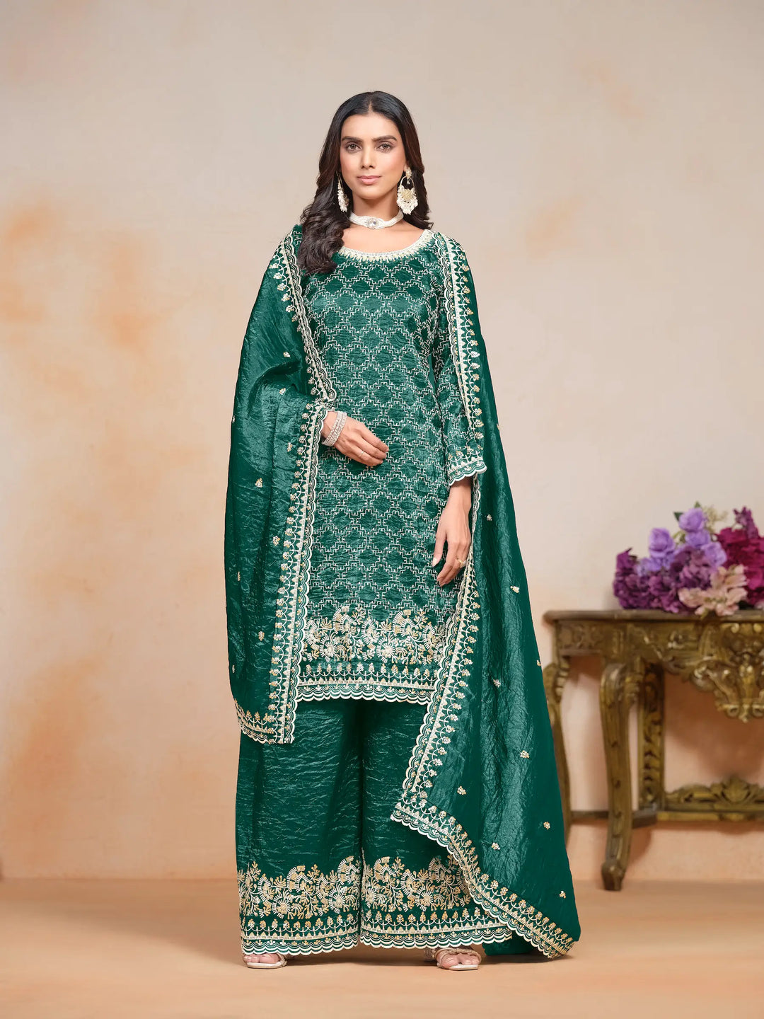 Green Gold Crush Thread & Sequence Embroidery Work Palazzo Suit - qivii