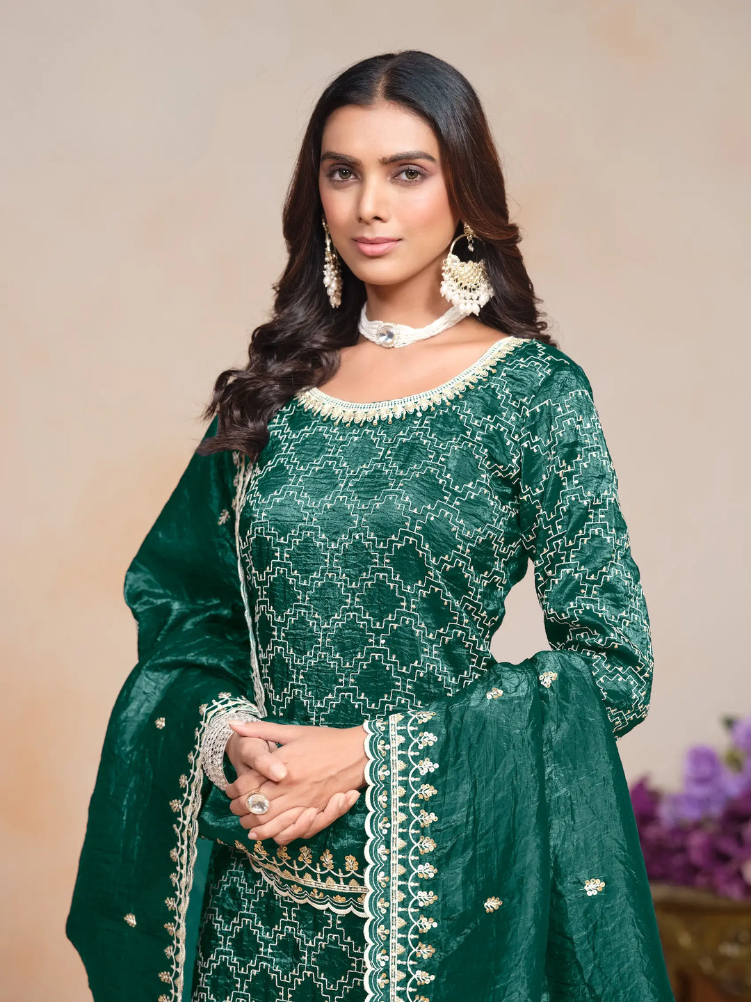 Green Gold Crush Thread & Sequence Embroidery Work Palazzo Suit - qivii