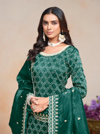 Green Gold Crush Thread & Sequence Embroidery Work Palazzo Suit