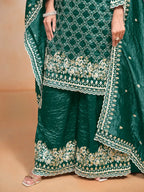 Green Gold Crush Thread & Sequence Embroidery Work Palazzo Suit