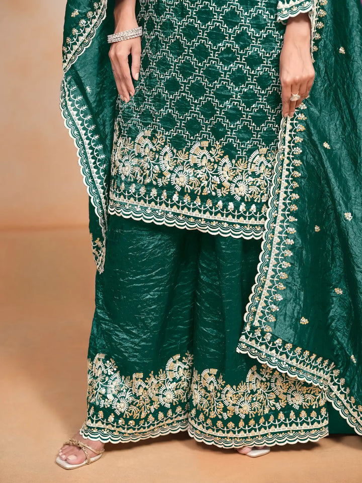 Green Gold Crush Thread & Sequence Embroidery Work Palazzo Suit - qivii