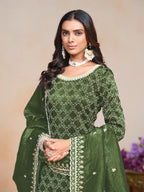Olive Green Gold Crush Thread & Sequence Embroidery Work Palazzo Suit