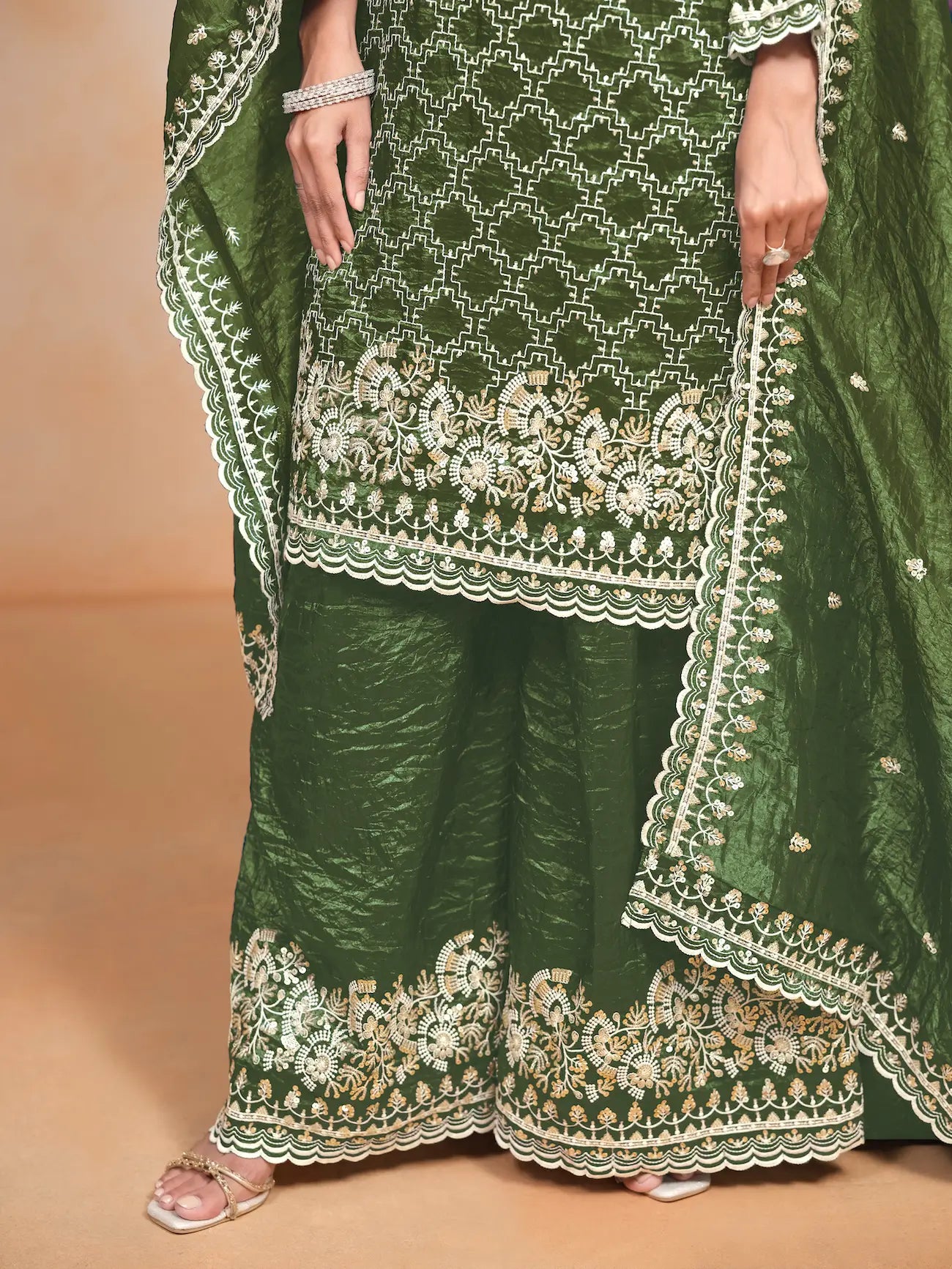 Olive Green Gold Crush Thread & Sequence Embroidery Work Palazzo Suit