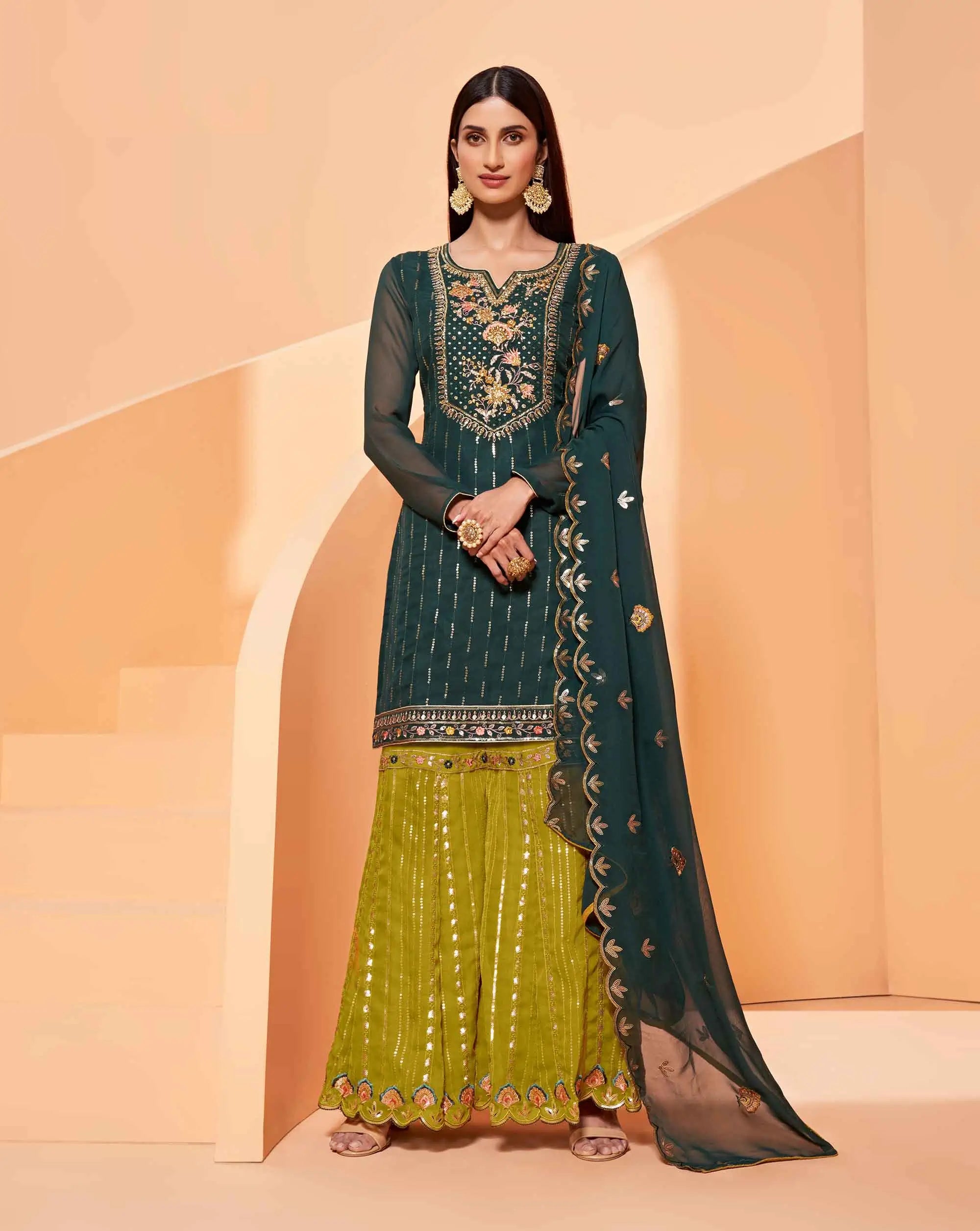 Dark Green And Lime Heavy Embroidery Work Georgette Sharara Set With Dupatta