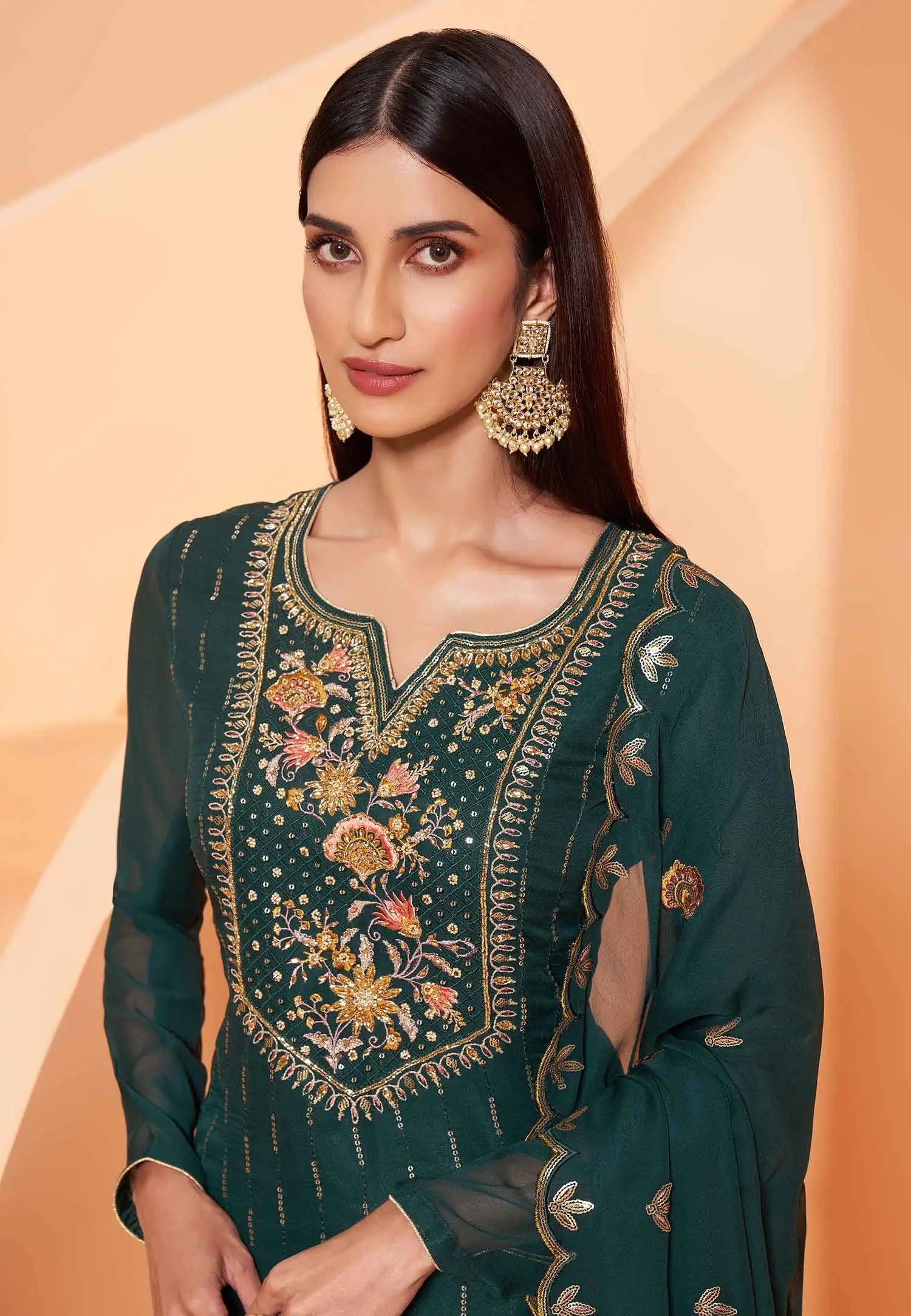 Dark Green And Lime Heavy Embroidery Work Georgette Sharara Set With Dupatta